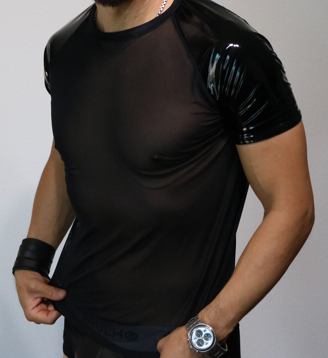 Saulho Sexy Black Faux Latex, Mesh Short Sleeve T-Shirt