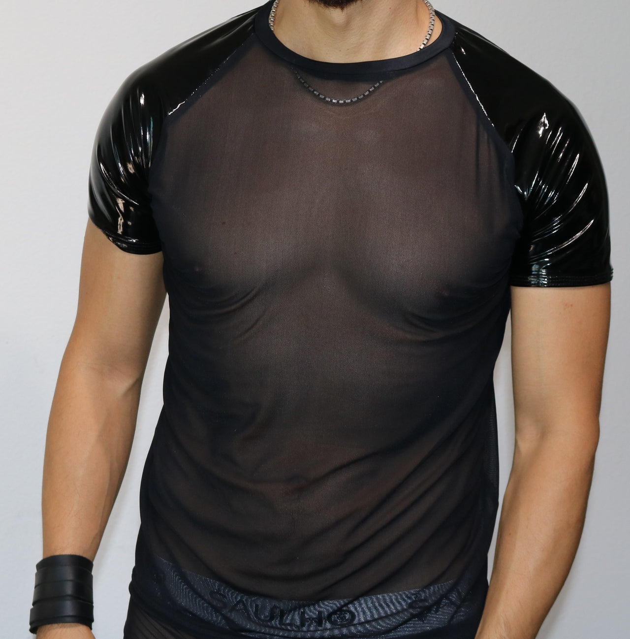 Saulho Sexy Black Faux Latex, Mesh Short Sleeve T-Shirt